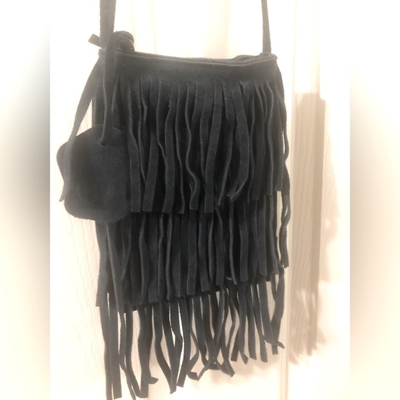 Croute de Cuir navy suede boho sack crossbody w/ fringe. France. EUC. - Picture 2 of 10